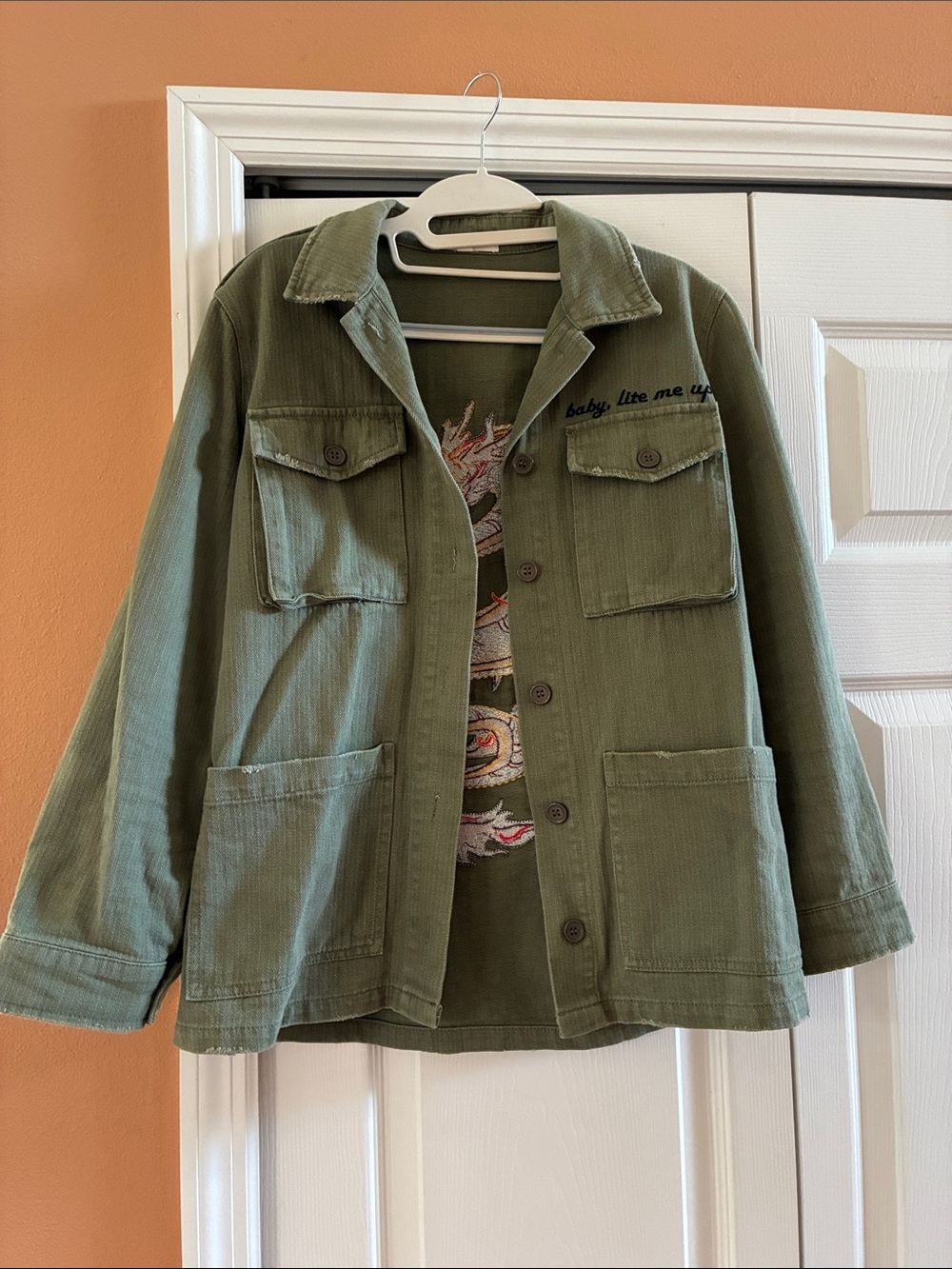 Honey Punch Olive Utility Jacket with Chest Embroidery